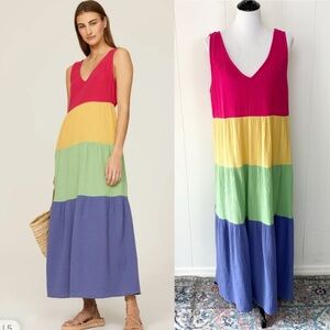 Marine Layer Rainbow Colorblock Corinne Maxi Dress Women’s Size L Colorful
